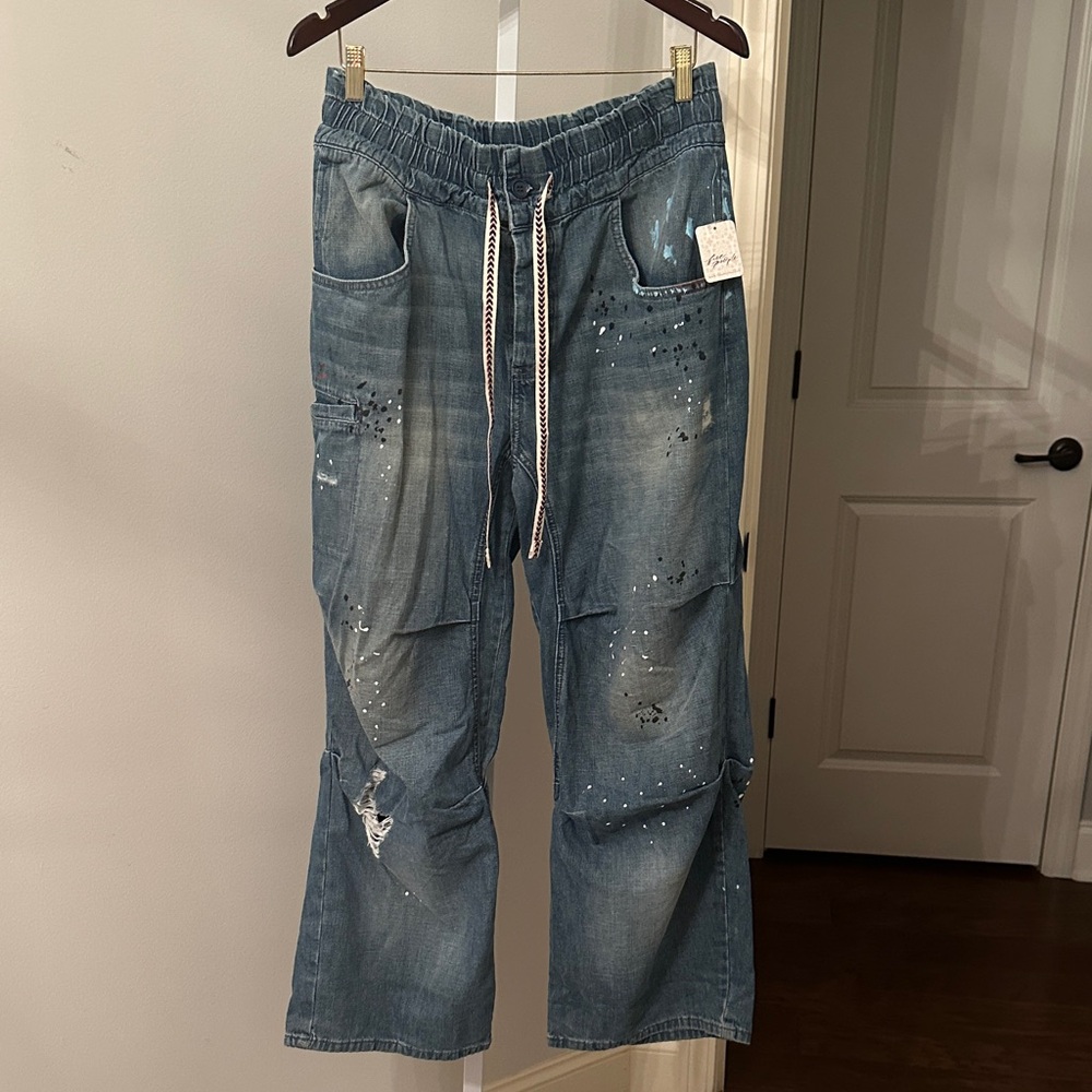 Free People Paint Splattered Blue Denim Pants